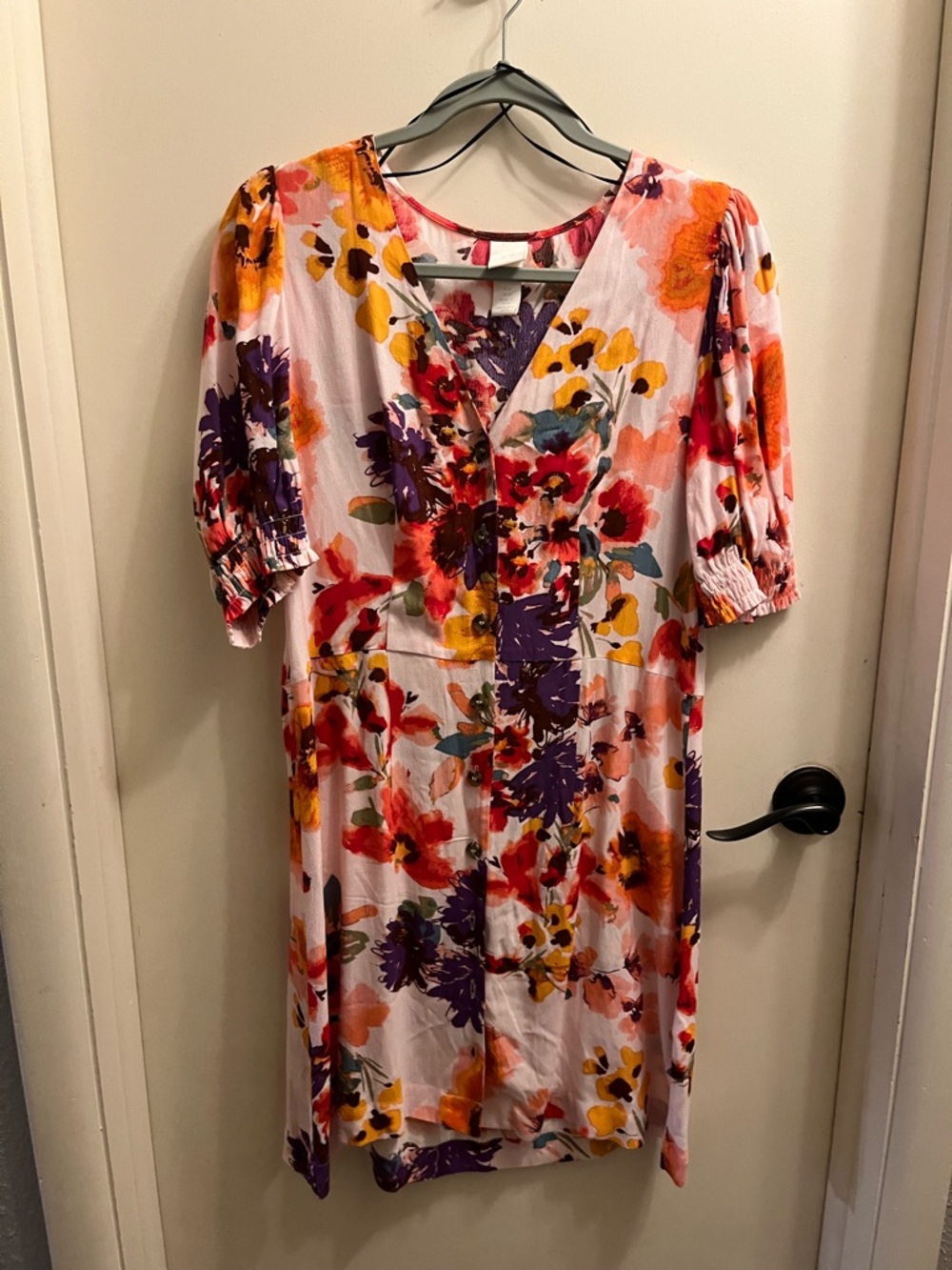 H&M Floral V-Neck Midi Dress in Purple, Orange and Yellow